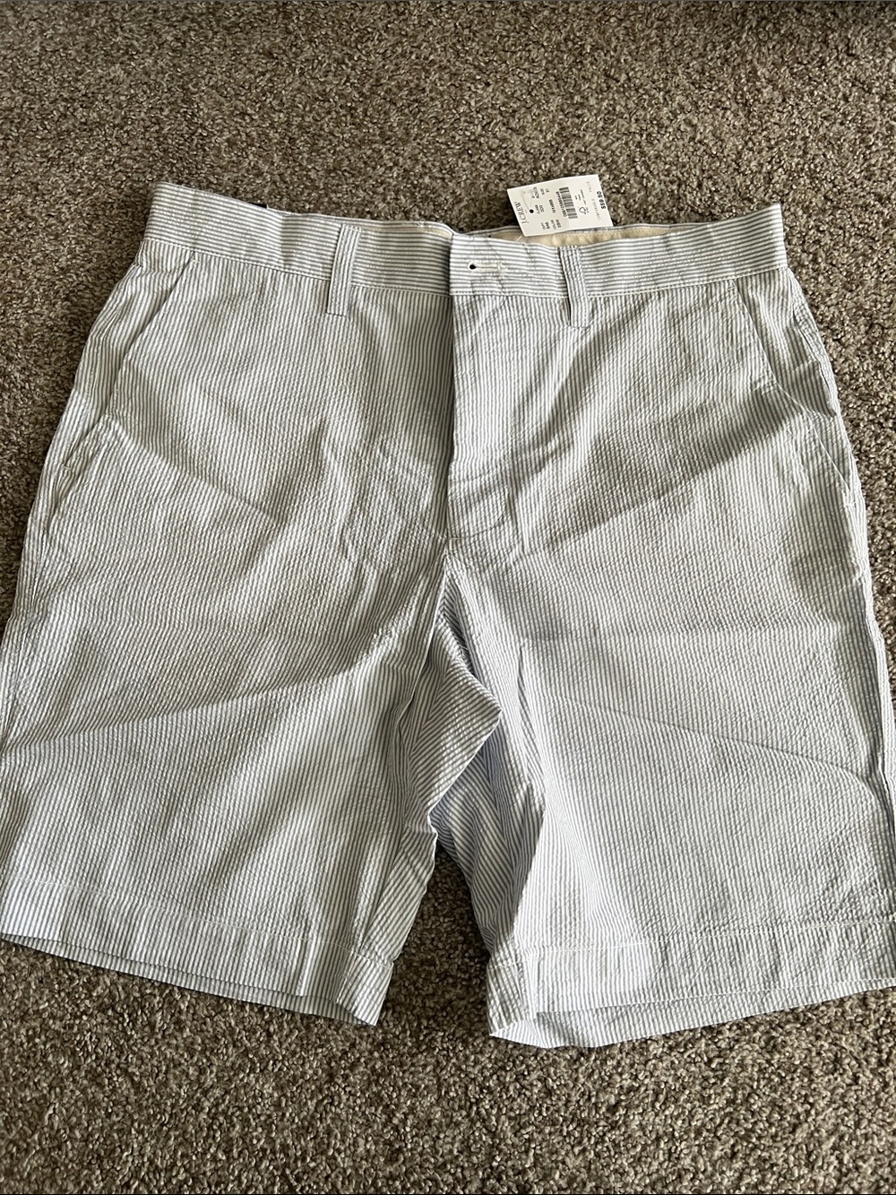 J. Crew Men's Seersucker Flat-Front Shorts in Light Blue and White